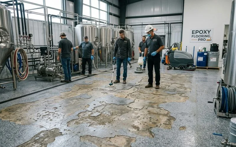 Failed brewery floor coating showing chemical damage