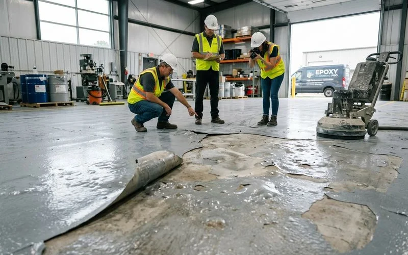 Failed epoxy coating showing delamination and blistering