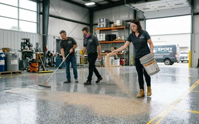 Anti-slip aggregate being broadcast onto epoxy floor