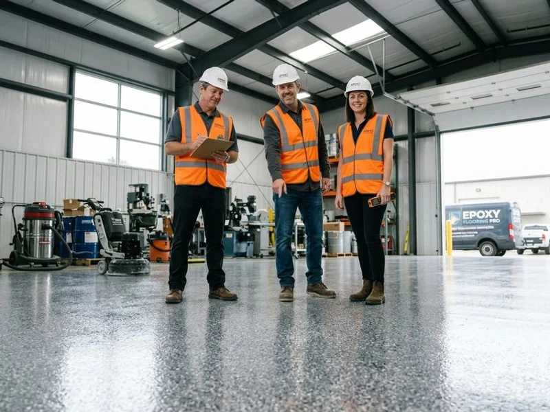 Epoxy Flooring Pro crew inspecting finished floor
