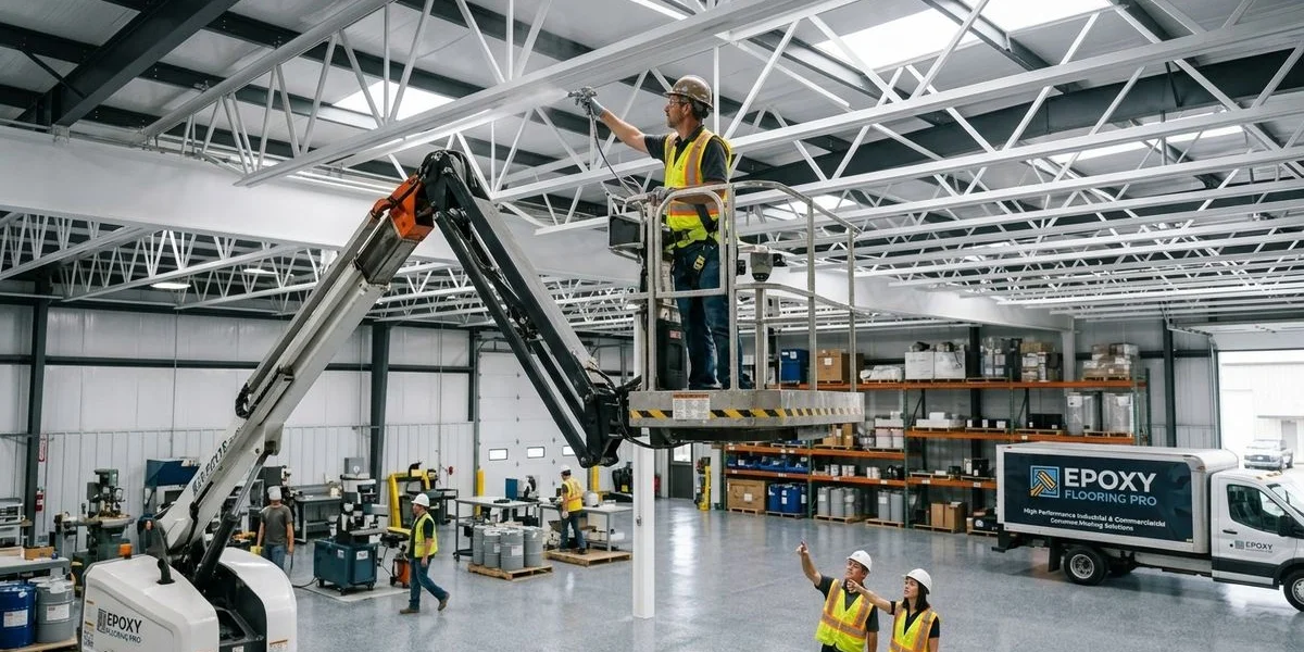 Structural steel painting with boom lift