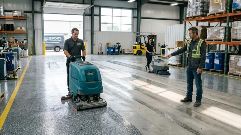 Auto-scrubber machine performing weekly wet cleaning maintenance on polished concrete floor in large commercial warehouse facility