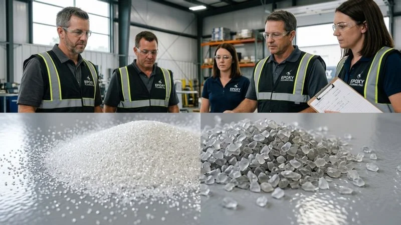 Close-up comparison of aluminum oxide quartz and polymer bead anti-slip aggregates used in industrial floor coating systems