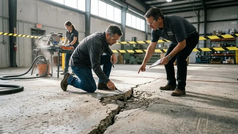 Close-up of concrete floor showing structural crack and surface spalling that requires professional repair before epoxy coating application