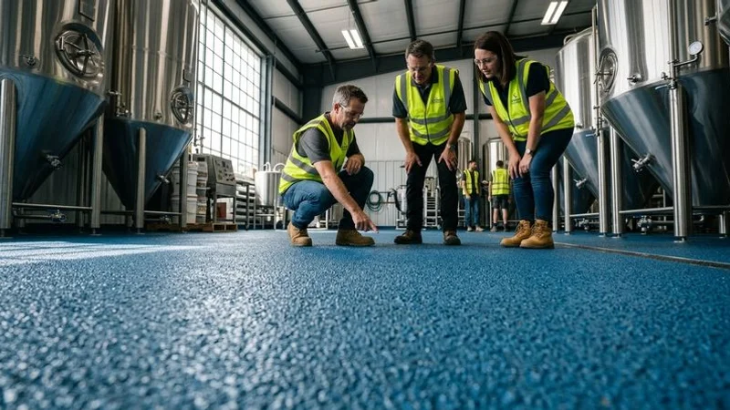 Close-up of urethane cement mortar flooring showing textured anti-slip surface finish installed in a commercial brewery production area