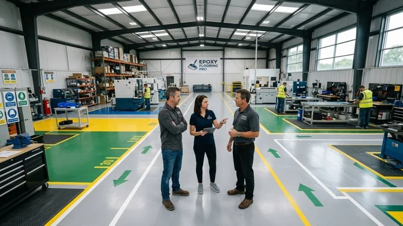 Complete 5S floor marking layout in manufacturing facility showing color-coded zones equipment positions and directional traffic flow arrows