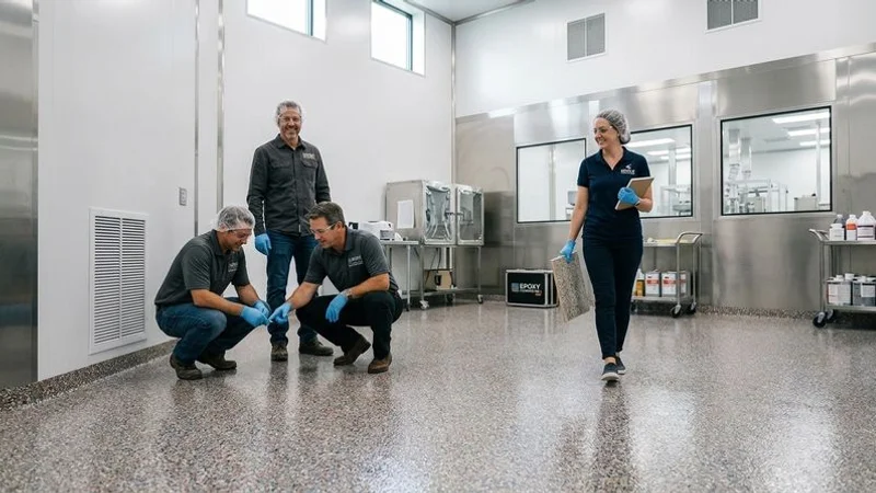 Completed double-broadcast quartz flooring in pharmaceutical clean room showing seamless surface and professional finish under clean lighting