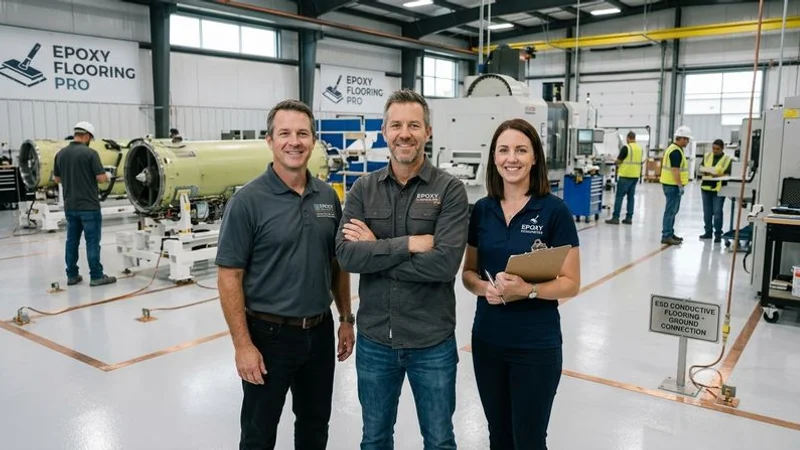 Completed ESD conductive flooring in aerospace manufacturing facility showing seamless surface with equipment grounding connections