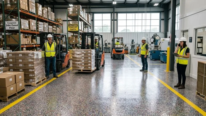 Completed fast-cure polyaspartic floor coating in manufacturing facility with full forklift traffic resumed within 24 hours of application