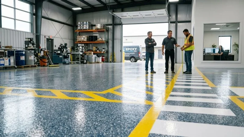 Completed industrial epoxy floor coating in a large manufacturing facility showing high-gloss finish with safety line markings and forklift traffic