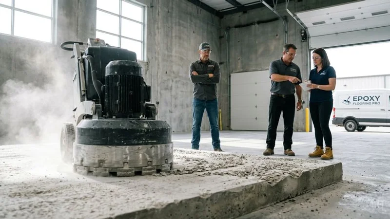 Industrial concrete grinding machine with metal-bonded diamond segments removing surface material during coarse grinding preparation step