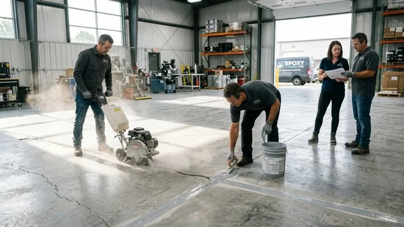 Concrete floor joint repair in progress showing routing and filling of deteriorated control joints before industrial epoxy coating
