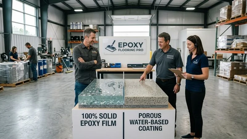 Cross-section diagram showing the molecular density difference between 100 percent solid epoxy and water-based epoxy coating systems