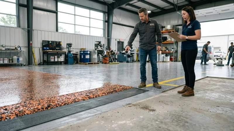 Cross-section diagram of flake broadcast flooring system showing primer base coat vinyl chip layer and clear topcoat over concrete