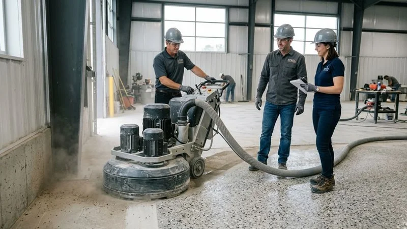 Diamond grinding machine with planetary heads preparing concrete surface near walls and columns for precision floor coating application