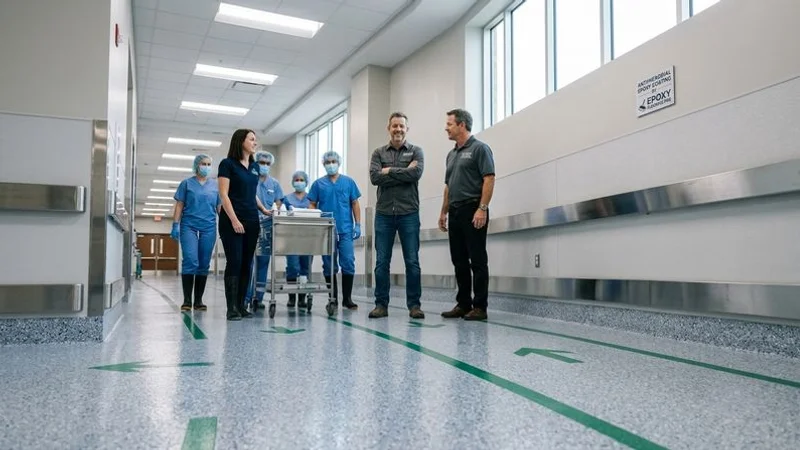 Healthcare facility corridor with antimicrobial epoxy floor coating showing clean seamless surface with directional wayfinding markings