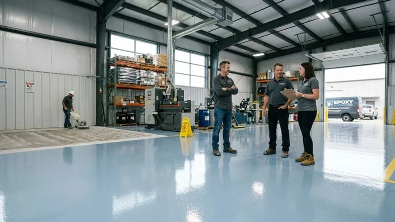 Industrial facility floor with high-build epoxy coating system showing glossy seamless finish in a manufacturing plant environment