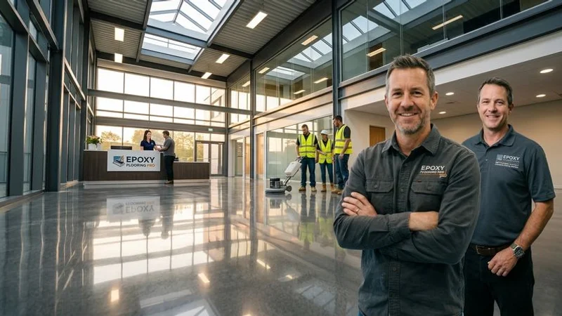 Completed high-gloss polished concrete floor in modern commercial lobby showing mirror-like reflections of overhead lighting and architecture
