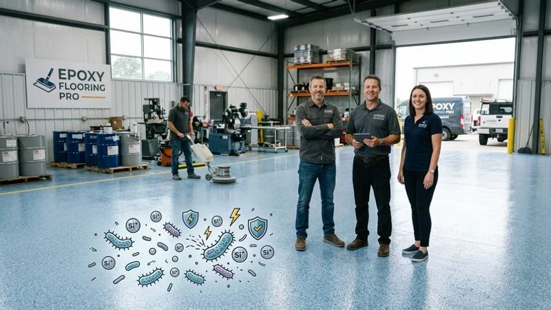 Microscopic view illustration showing silver ion antimicrobial technology in epoxy coating actively suppressing bacterial growth on floor surface