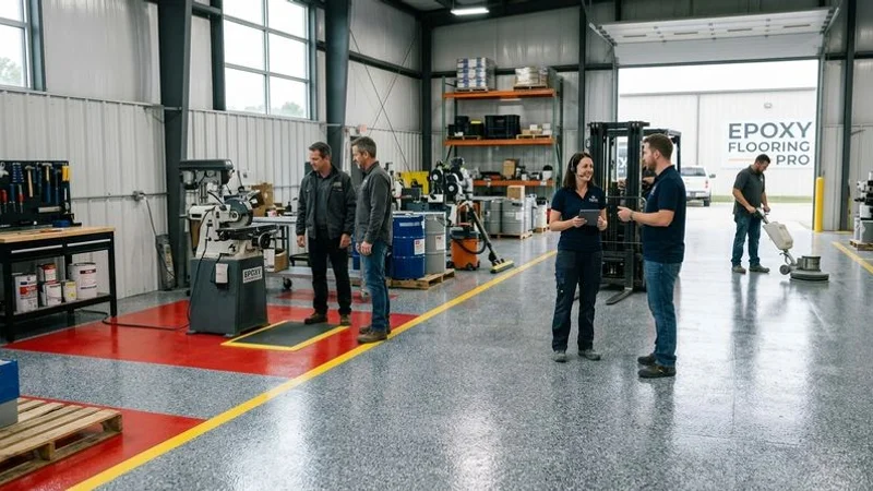 Industrial warehouse floor with OSHA compliant yellow pedestrian walkways and red hazard zone markings around equipment areas