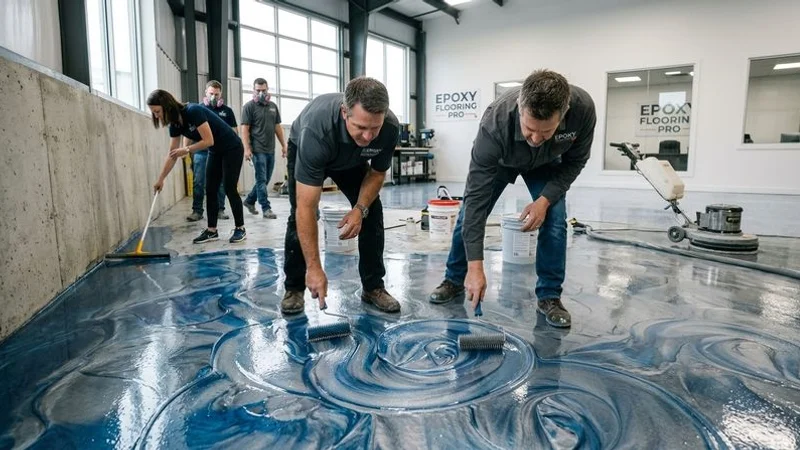 Metallic epoxy floor being manipulated during installation showing installer creating decorative swirl patterns with roller technique
