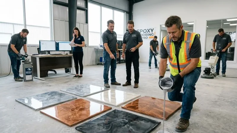Metallic epoxy floor samples showing silver pearl copper and charcoal color options for commercial decorative flooring applications