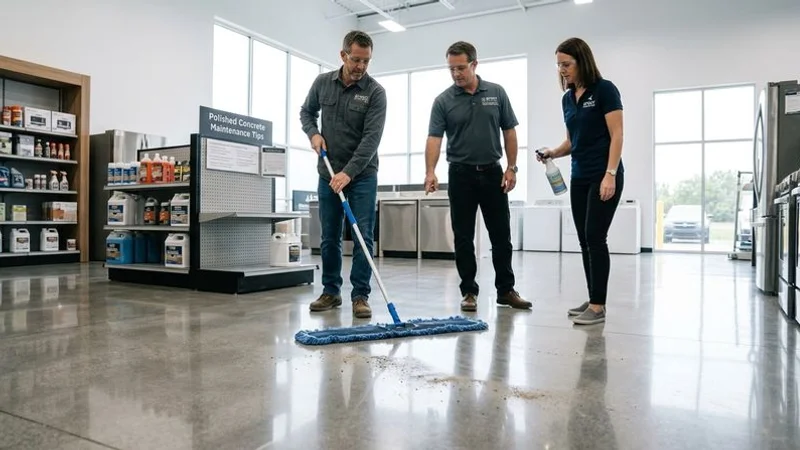 Microfiber dust mop cleaning polished concrete floor surface in a commercial retail environment showing proper maintenance technique