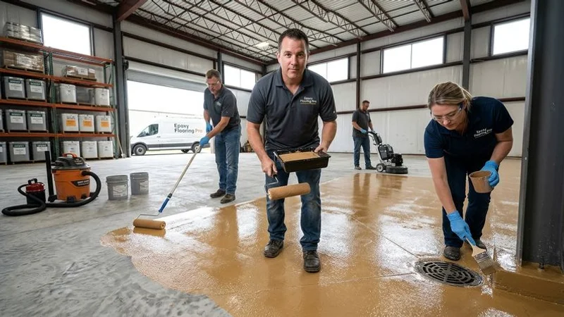 Moisture mitigation primer being applied to concrete floor surface to create vapor barrier before industrial epoxy coating system installation
