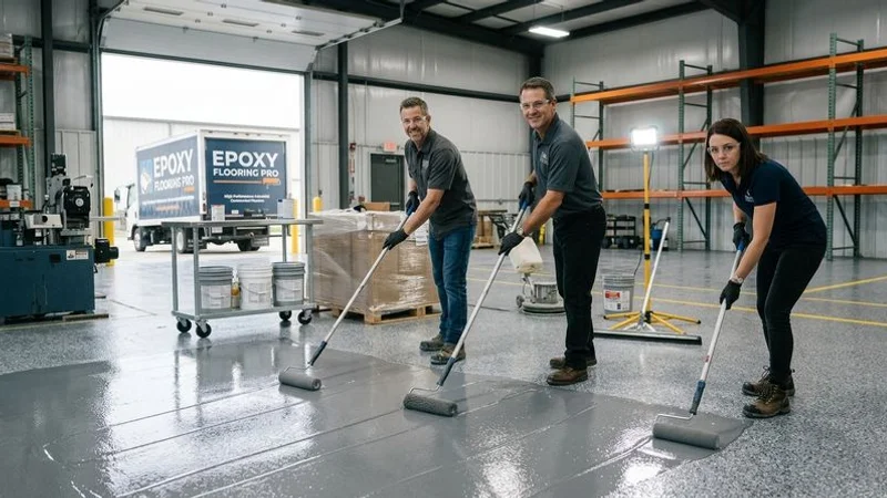 Fast-cure polyaspartic floor coating application in warehouse showing roller application with rapid cure time for weekend installation