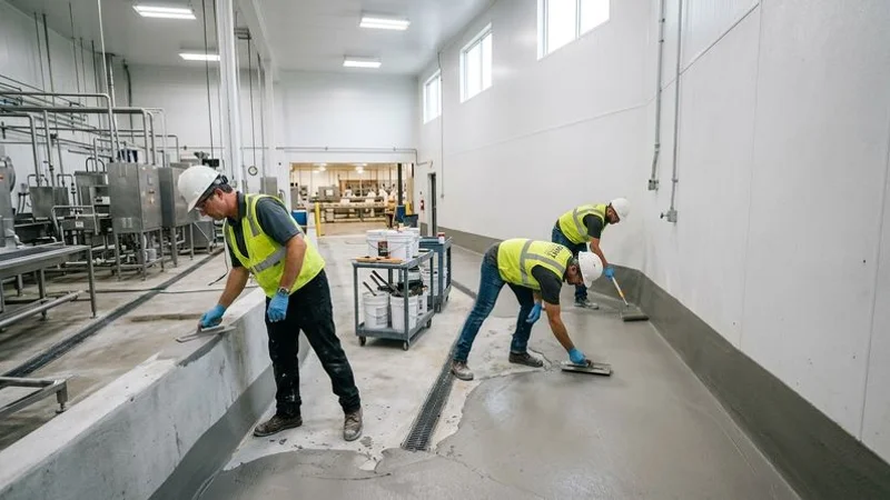 Workers installing urethane cement flooring system in food processing plant with slope to drain and integral cove base detail