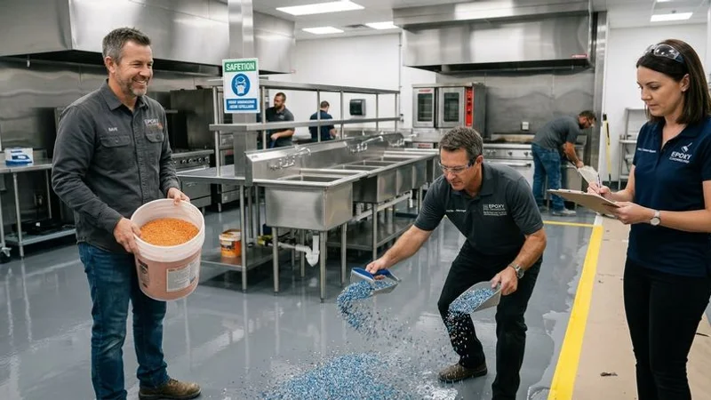 Professional installer broadcasting colored quartz aggregate into wet epoxy body coat on commercial kitchen concrete floor