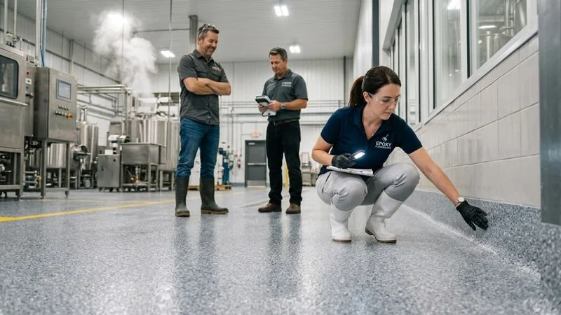 Quality control inspector examining HACCP compliant floor coating in food processing plant verifying seamless surface and cove base integrity