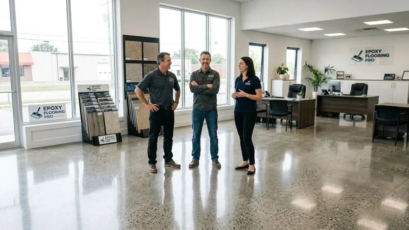 Large retail showroom with polished concrete floors showing natural aggregate exposure and high reflective sheen from overhead lighting
