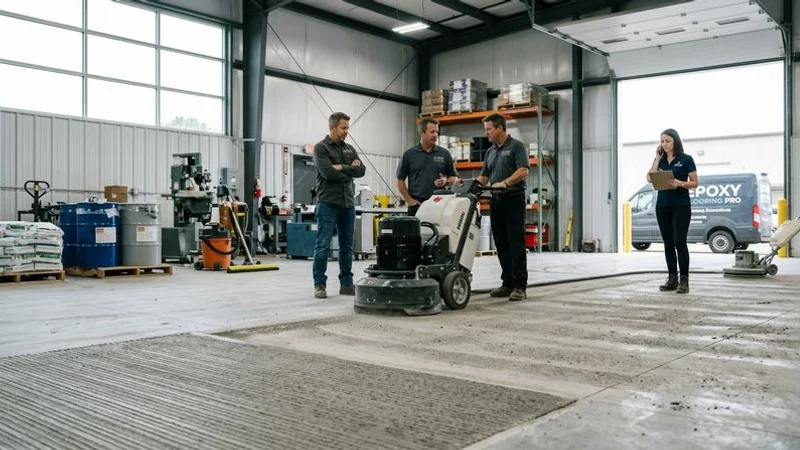 Industrial shot blasting machine creating consistent surface profile on large warehouse concrete floor for epoxy coating preparation