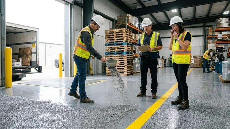 Worker broadcasting aluminum oxide anti-slip aggregate onto wet epoxy floor coating in industrial loading dock area for OSHA compliance